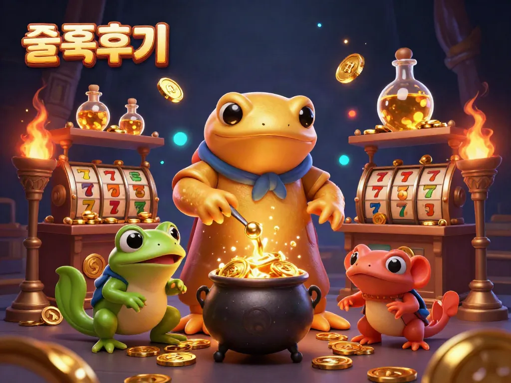 Experience the vibrant world of 슬롯후기 with golden alchemists and casino elements in a dynamic 3D scene.