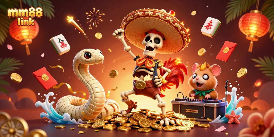 Experience excitement with mm88 link through a festive 3D casino scene of characters celebrating wins.