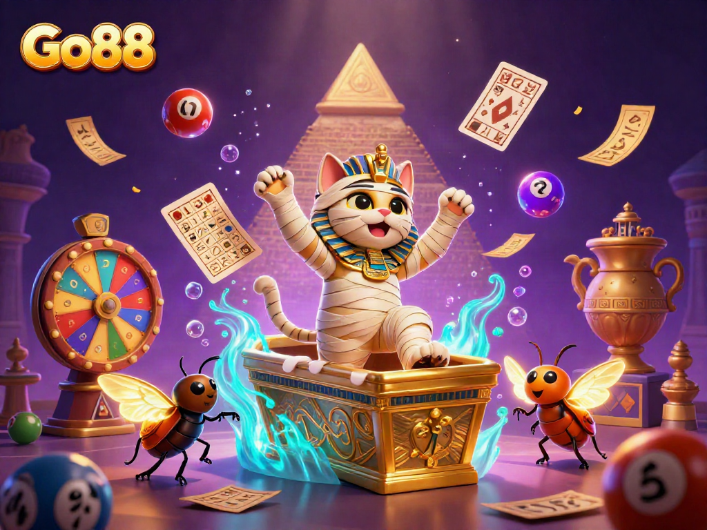 Engage with Go88’s lively gaming experience featuring Egyptian cat, golden casino elements, and dynamic lottery activities.