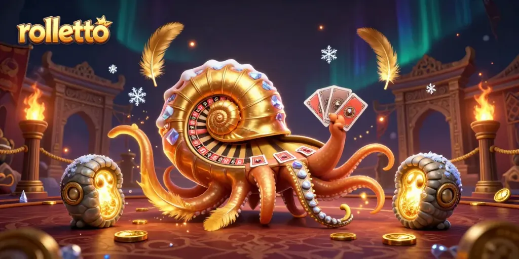 Engage at Rolletto with a vibrant casino scene featuring a giant nautilus roulette wheel and glowing ammonite companions.