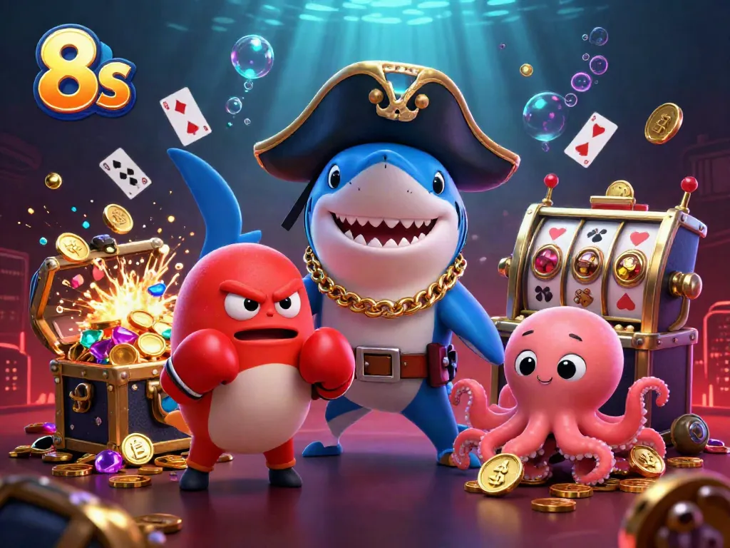 Experience thrilling gameplay with 8s casino elements showcased by colorful characters in a vibrant underwater scene.