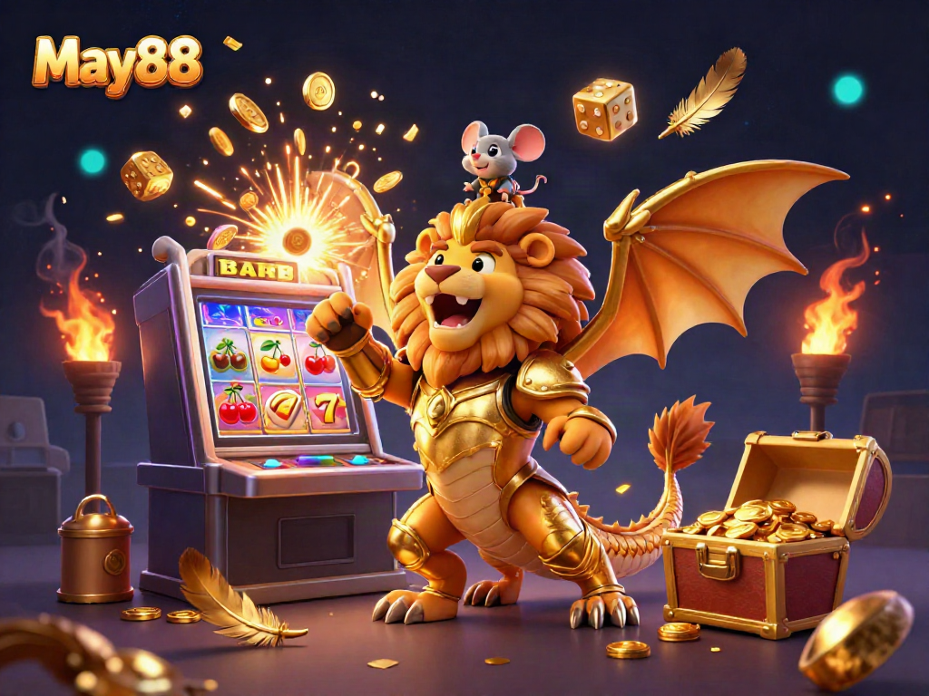 Experience thrilling gaming at May88 with a dynamic, colorful casino scene featuring vibrant slot machines and joyous characters.