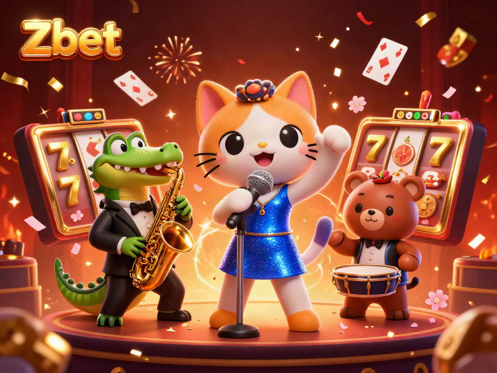 Experience the excitement of Zbet with a vibrant 3D casino scene featuring mascots and gaming elements.