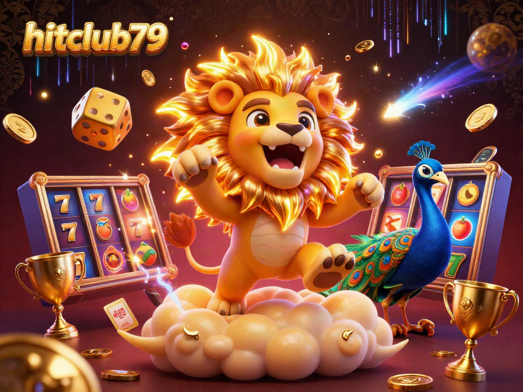 Experience the thrill of hitclub79 with a dynamic scene featuring a roaring sun lion and spinning slot reels.
