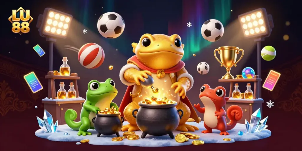 Engaging LU 88 scene with a golden salamander alchemist surrounded by sports elements and magical gold.