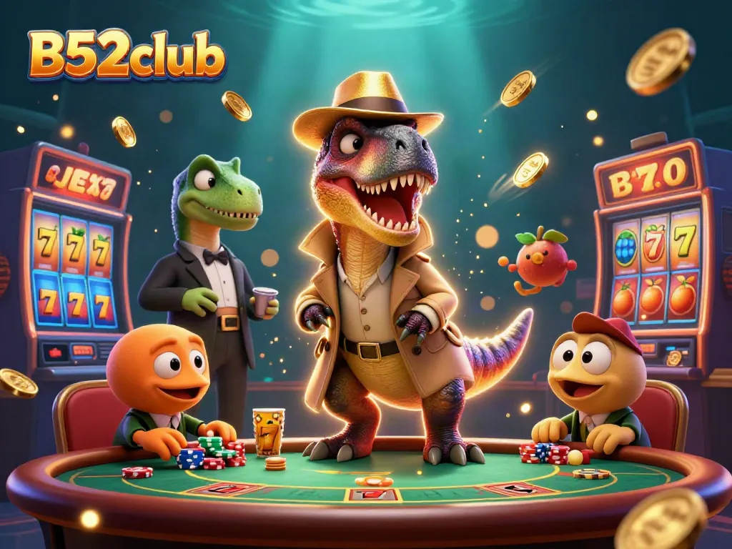 B52club showcases energetic casino scene with velociraptor card counter and dynamic slot machines.