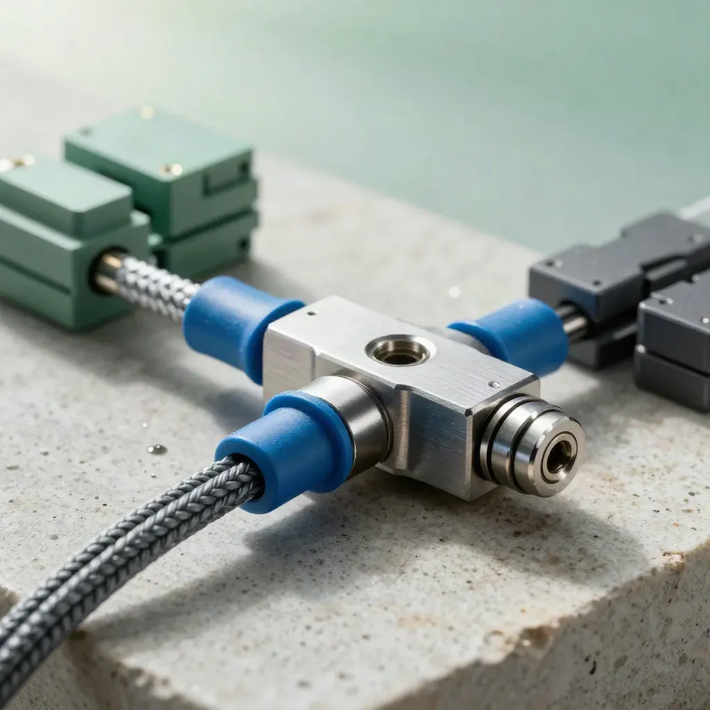 Aluminium connector hub with braided leads and clips on rain-damp stone, macro product hero