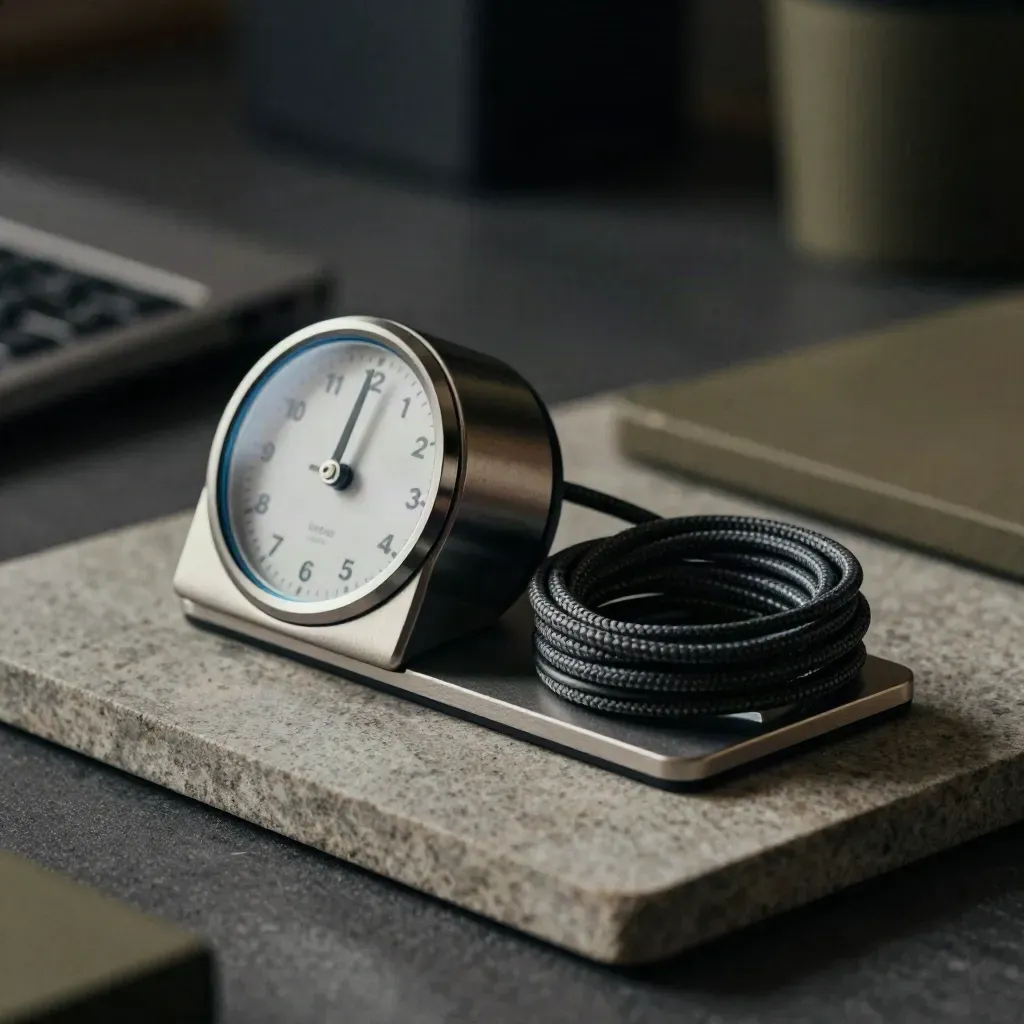Macro still life of a timer, cable, and docking stand on brushed stone.