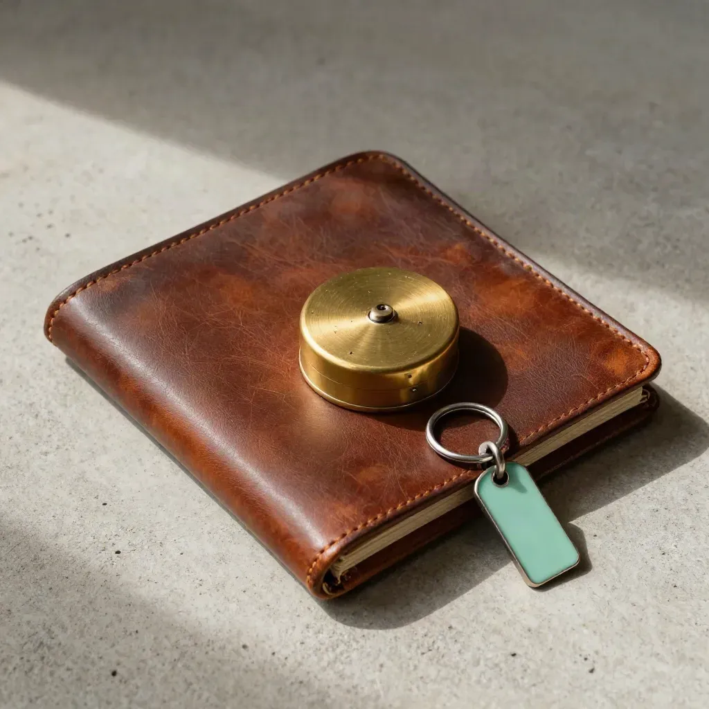 Overhead close-up of a leather folio, brass paperweight and key ring on pale concrete.