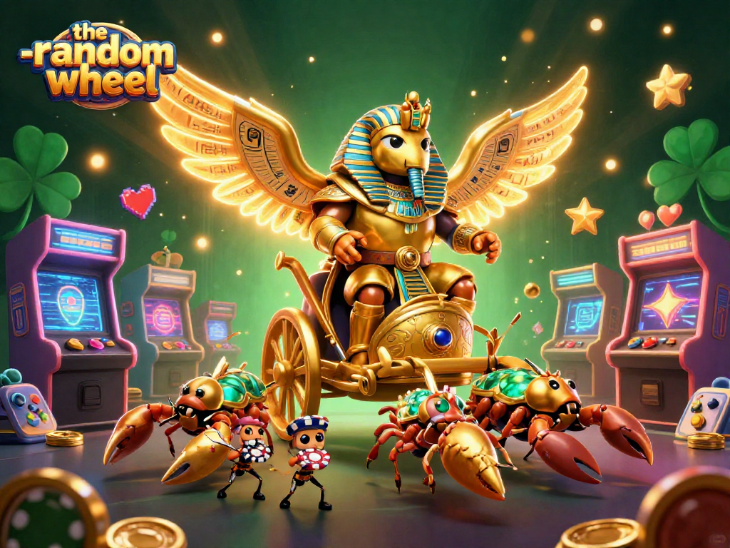 Engage in the-random-wheel as a colossal scarab beetle rides a golden chariot in a vibrant casino scene.