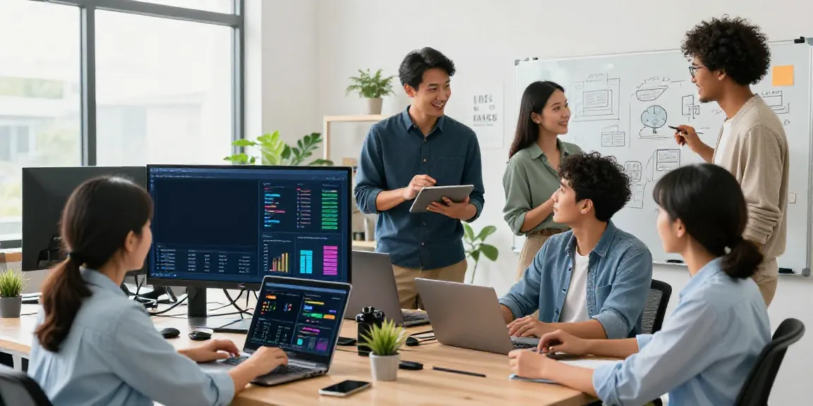 Entrepreneurs analyzing e-commerce stores data in a modern office.