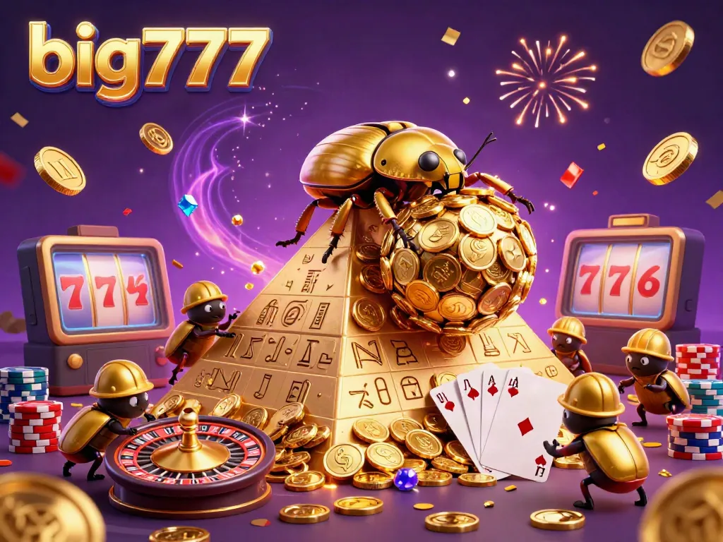 Experience the thrill of big777 with a golden beetle rolling coins amidst vibrant casino elements.