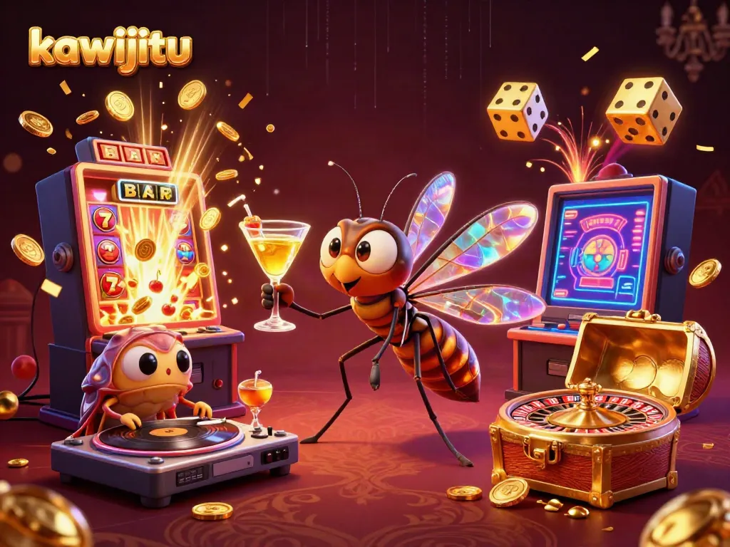 Engage with kawijitu in this vibrant 3D scene featuring a casino mascot and dynamic gaming elements.