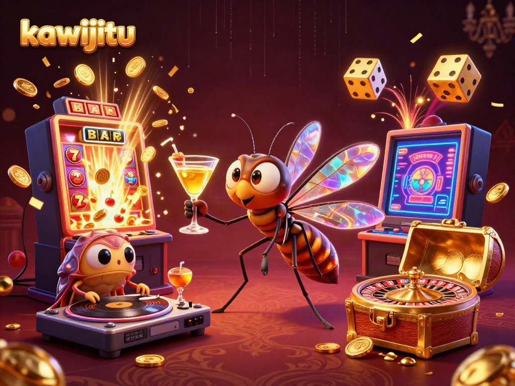 Engage with kawijitu in this vibrant 3D scene featuring a casino mascot and dynamic gaming elements.