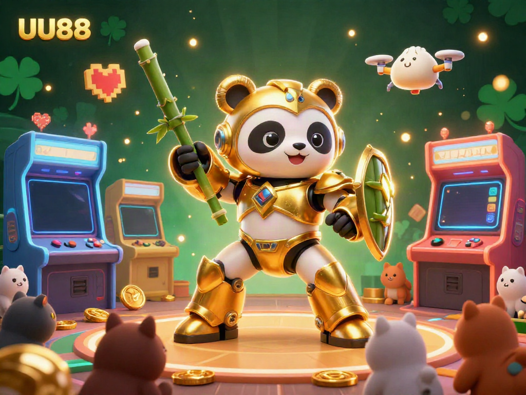 Engage in exciting gameplay at UU88 with a dynamic 3D casino scene featuring a golden panda robot under colorful arcade lights.