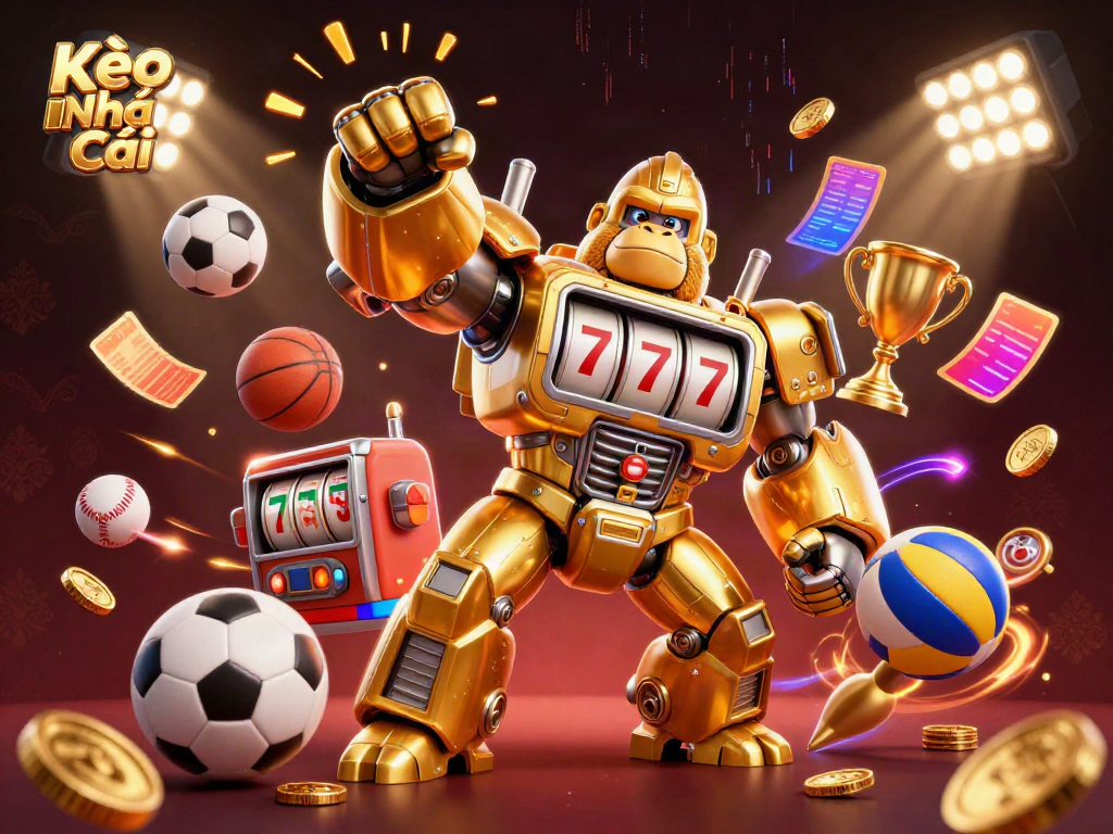 Engage with Kèo Nhà Cái in an exciting 3D sports betting scene featuring a dynamic golden gorilla mech.