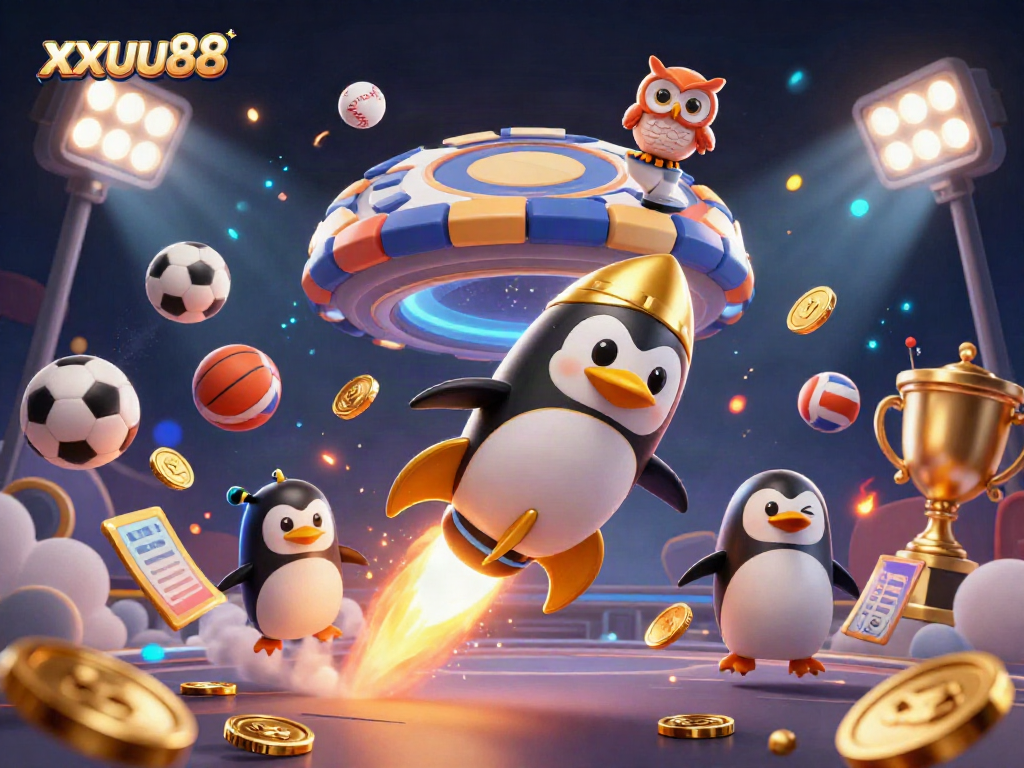 Experience the thrill of xxuu88 with a rocket-powered penguin charging towards a casino in space, surrounded by sports elements.