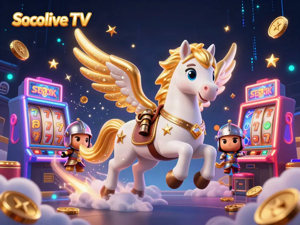 Experience thrilling gameplay with Socolive TV, featuring a celestial knight amidst vibrant casino slot machines.