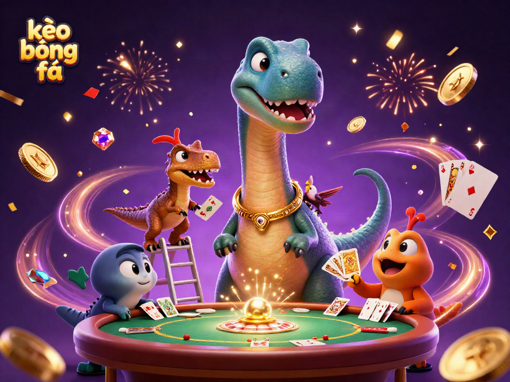 Engage with kèo bóng đá in this lively casino scene featuring a brontosaurus overlooking a poker game.