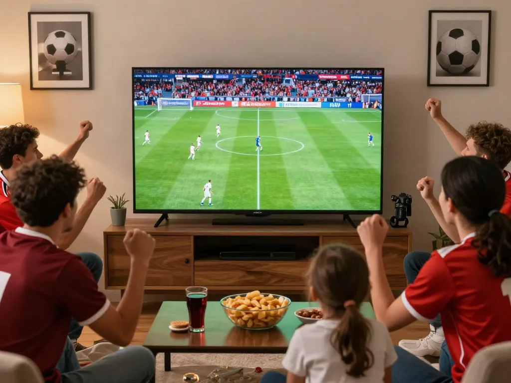 Excited fans watching a football match on Gavangtv in a cozy living room.