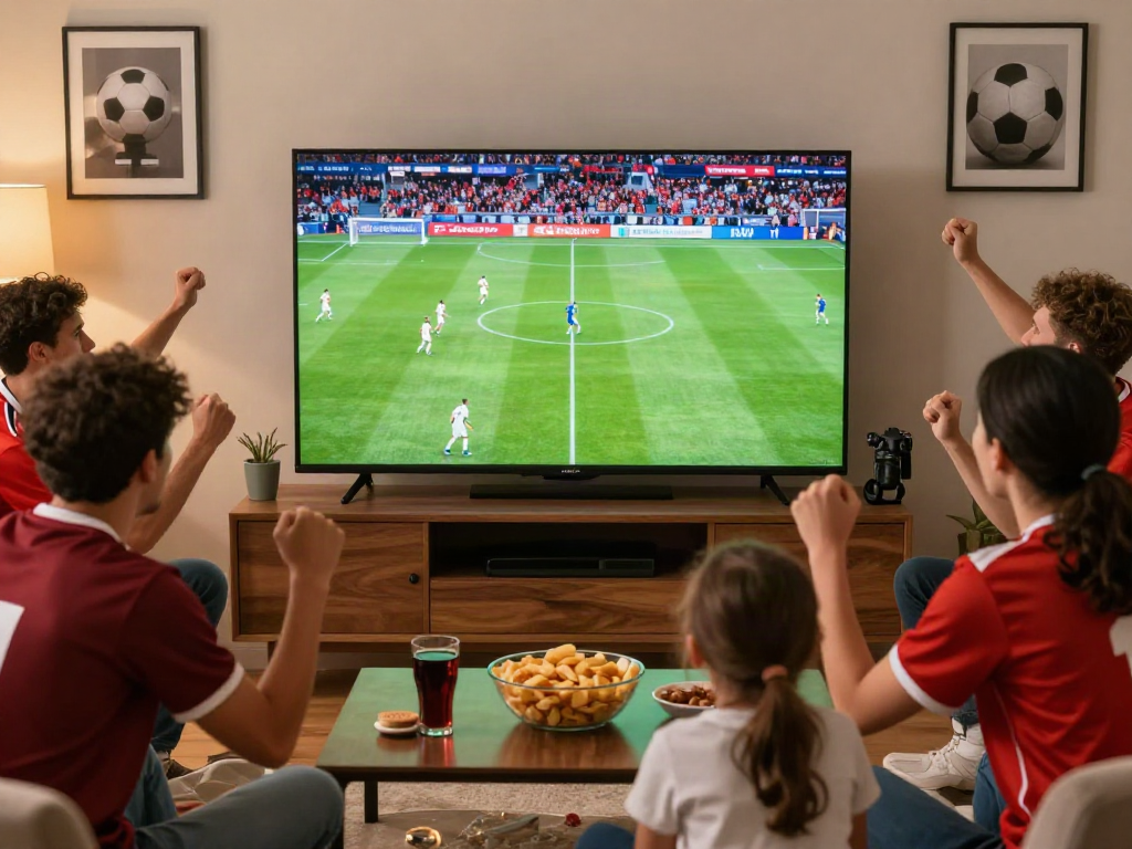 Excited fans watching a football match on Gavangtv in a cozy living room.