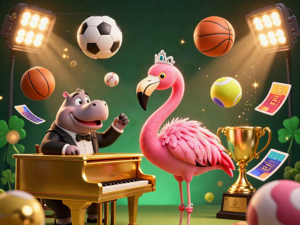 Soi kèo bóng đá chính xác showcases a vibrant casino scene with animated flamingo and hippo musicians among sports elements.