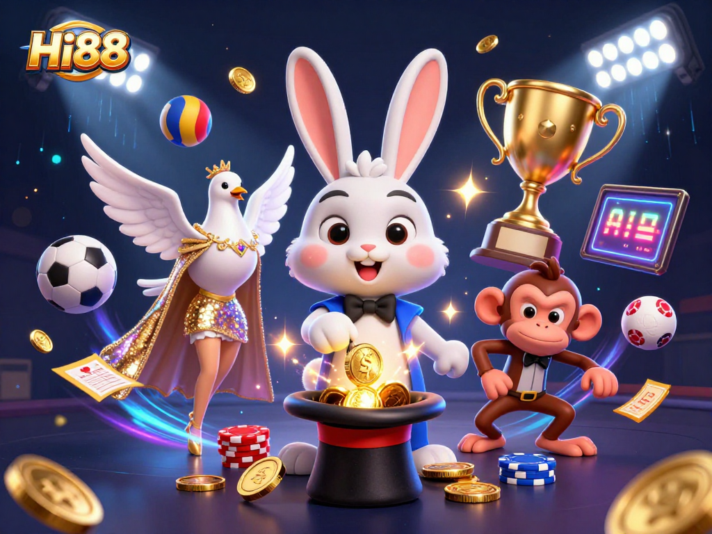Experience excitement at Hi88 with a surreal 3D scene of a magician, dove, and monkey amidst gold coins and sports elements.