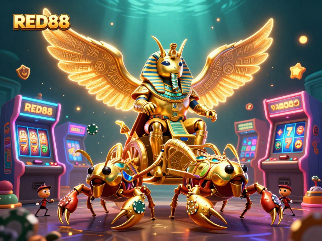 Experience the thrill of casino gaming with RED88's vibrant 3D illustration showcasing a dynamic gaming atmosphere.