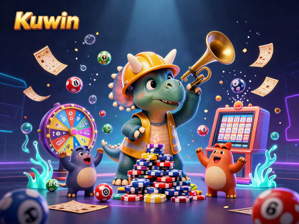 Kuwin celebrates with a 3D triceratops building poker chips amidst dynamic lottery elements in a colorful scene.
