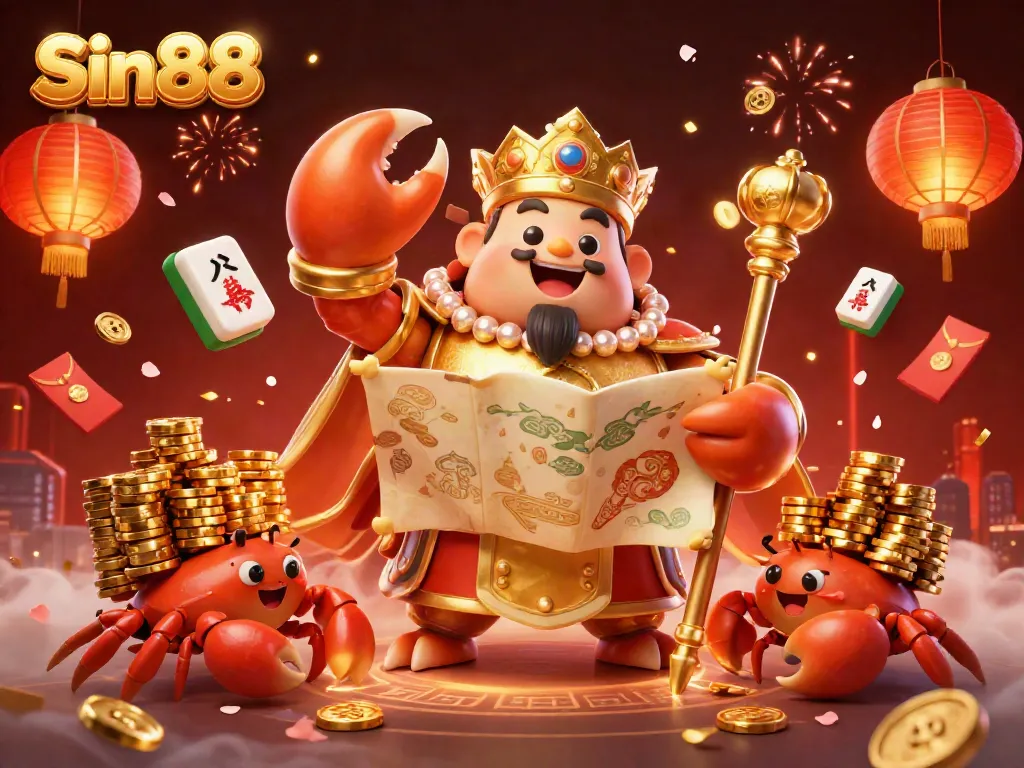 Experience vibrant gaming with Sin88, featuring a golden crab emperor and dynamic gambling elements in a festive atmosphere.