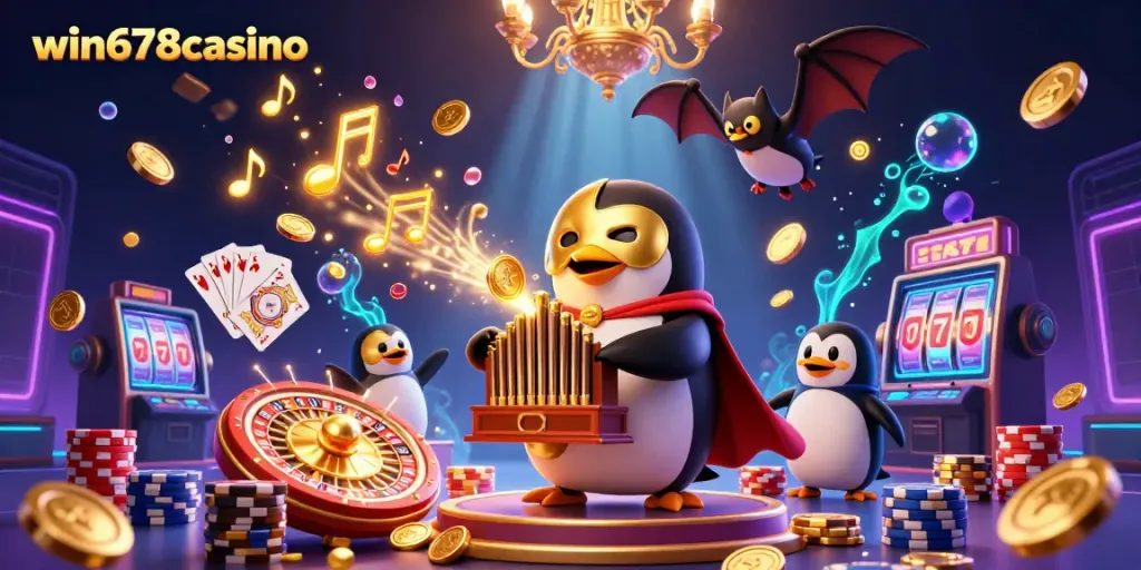 Experience the excitement of win678casino with a lively scene of a penguin playing a golden organ and casino elements.