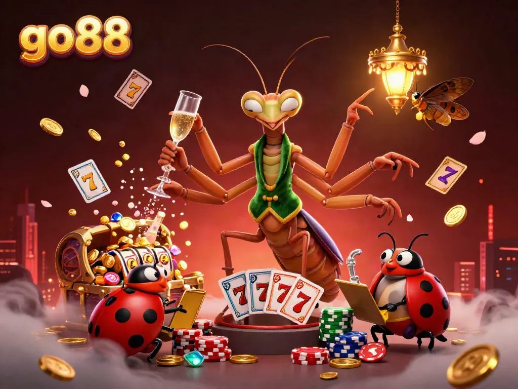 Experience thrilling gameplay with go 88 in this vibrant 3D casino scene featuring a giant mantis and ladybug.