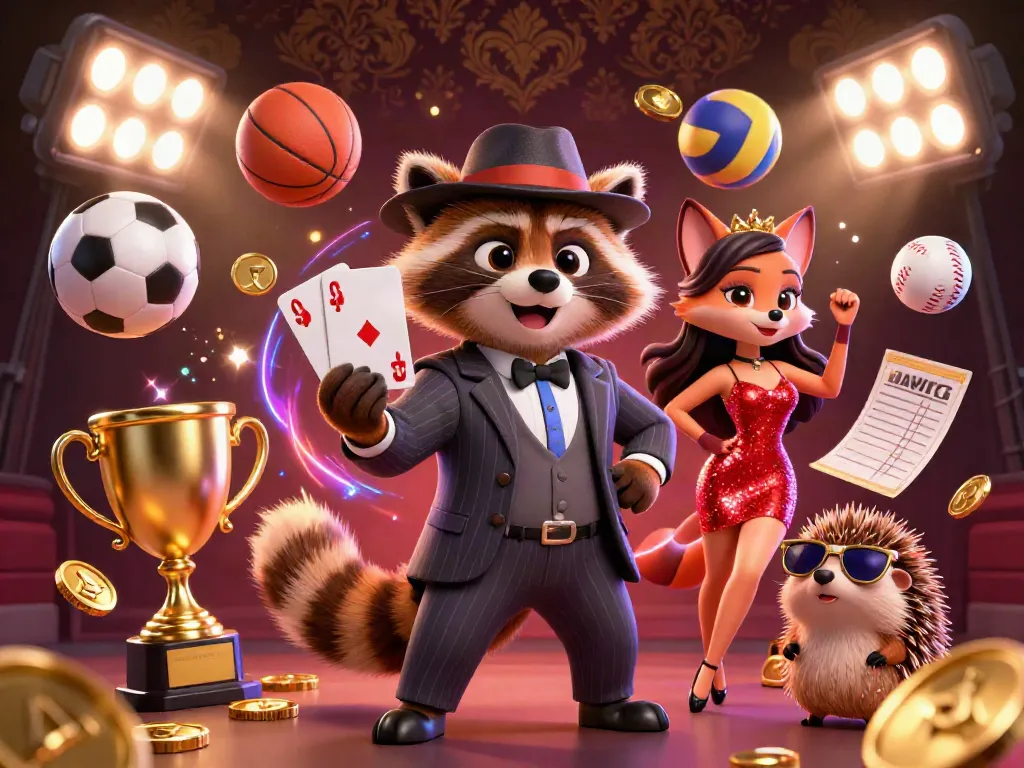 Kèo Nhà Cái Pizza showcases a dynamic illustration with a raccoon, fox, and hedgehog in a rich casino scene.