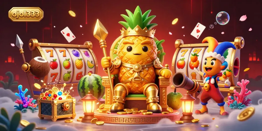 Get ready to experience ojol333 in a vibrant casino scene with a tropical king and treasures!