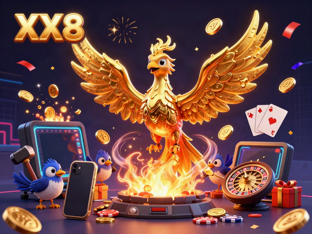 Experience the vibrant energy of XX8 with a golden phoenix and gaming elements celebrating online casino excitement.