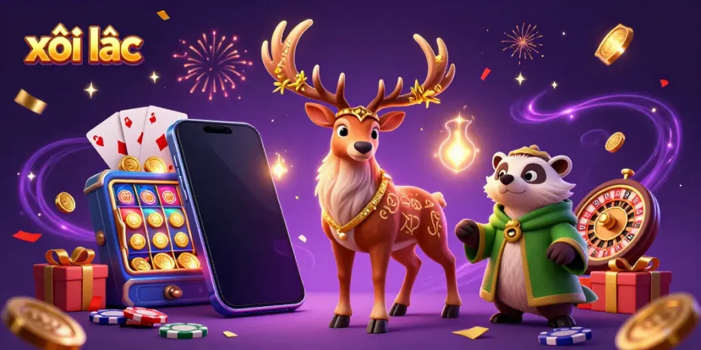 Play exciting slot games with bold characters in this lively xôi lạc themed illustration.