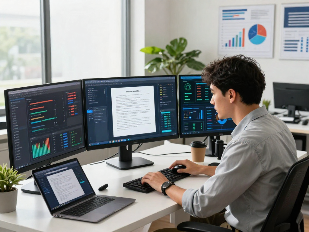 Document fraud detection analysis in a modern office with a data analyst using AI software for risk assessment.