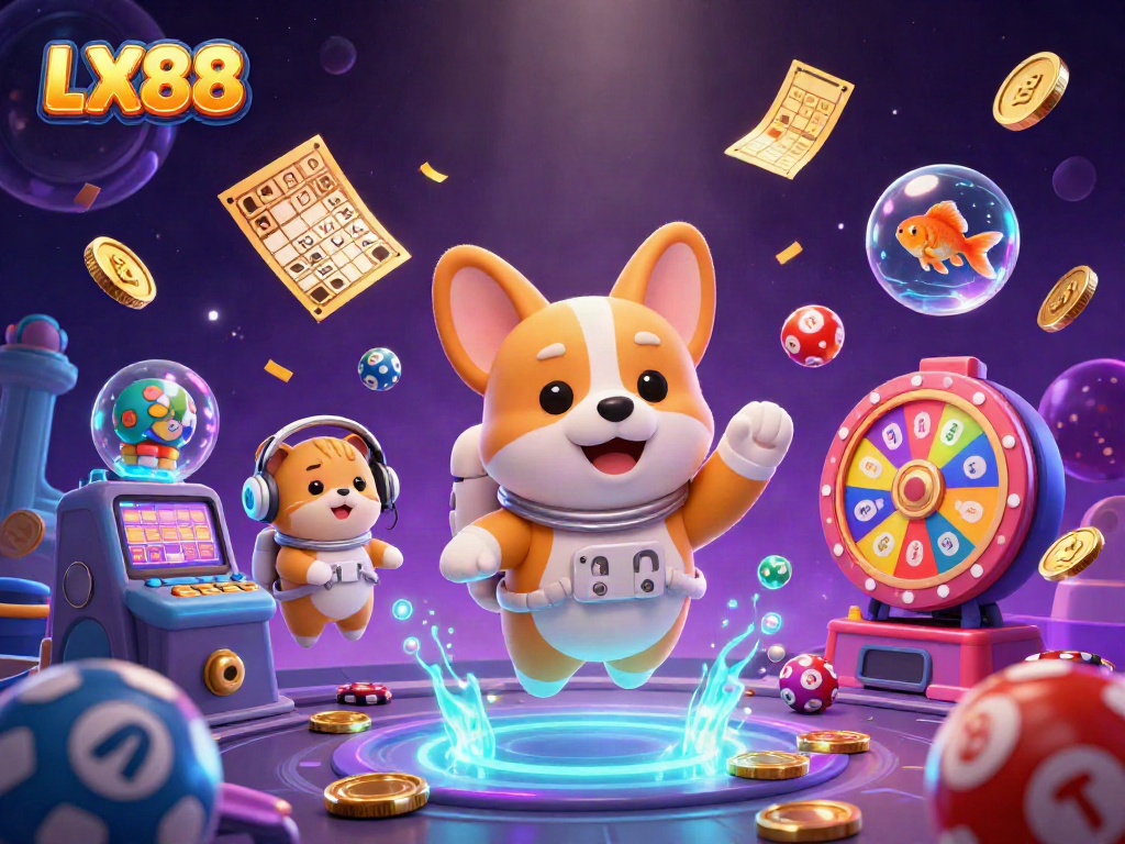 Participate in the vibrant LX88 space casino adventure with an astronaut corgi, hamster controller, and dynamic game elements.