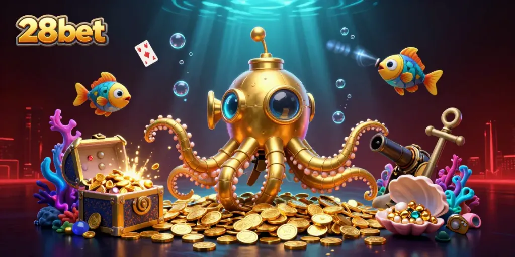 Experience thrilling gameplay at 28bet with a colorful underwater casino scene filled with treasure and excitement.