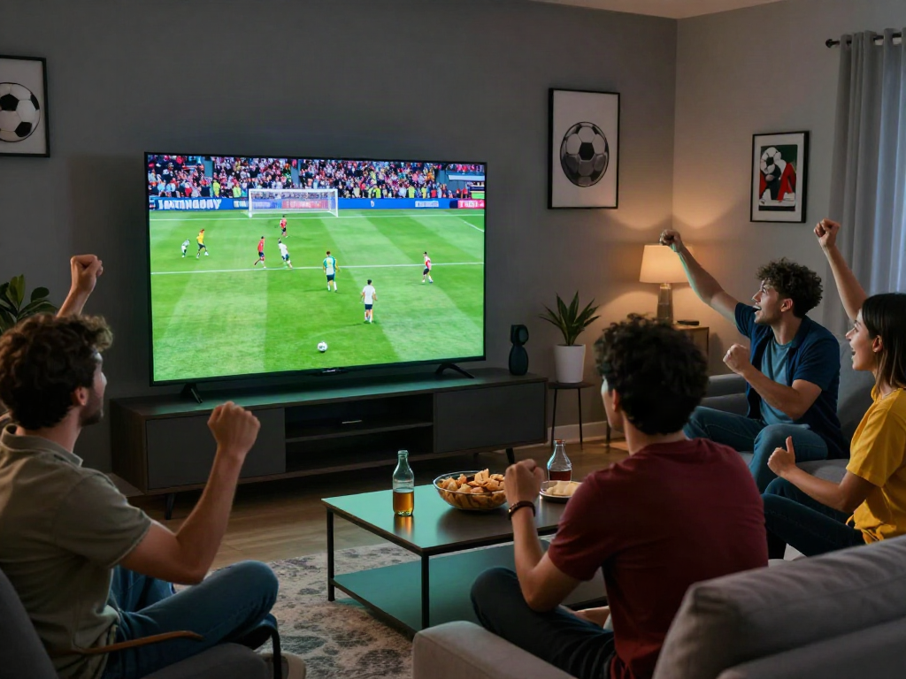 Friends enjoy an exciting football match on Xoilactv in a lively living room setting.
