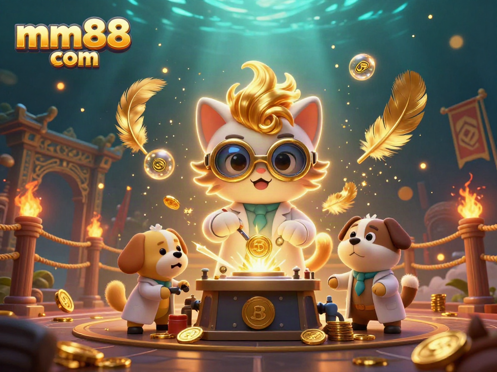 Experience exciting wins at mm88 com with a vibrant illustrated scene of game elements and characters.
