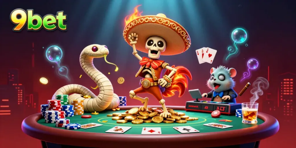 Experience the thrill of 9bet with a vibrant 3D casino scene featuring a mariachi rooster, mummy snake, and DJ hamster.