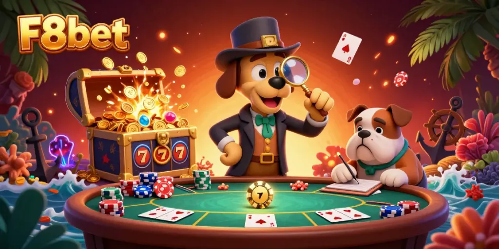 Experience thrilling gameplay with F8bet's cartoon detective finding poker clues amidst casino elements.