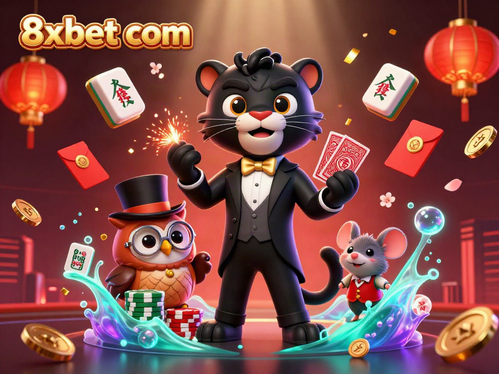 Engage with thrilling gaming action on 8xbet com featuring a stylish clicking panther dealer, owl with poker chips, and lucky mouse.