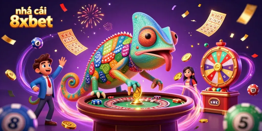 Engage with nhà cái 8xbet in a vibrant casino scene featuring a dynamic chameleon owner and festive elements.
