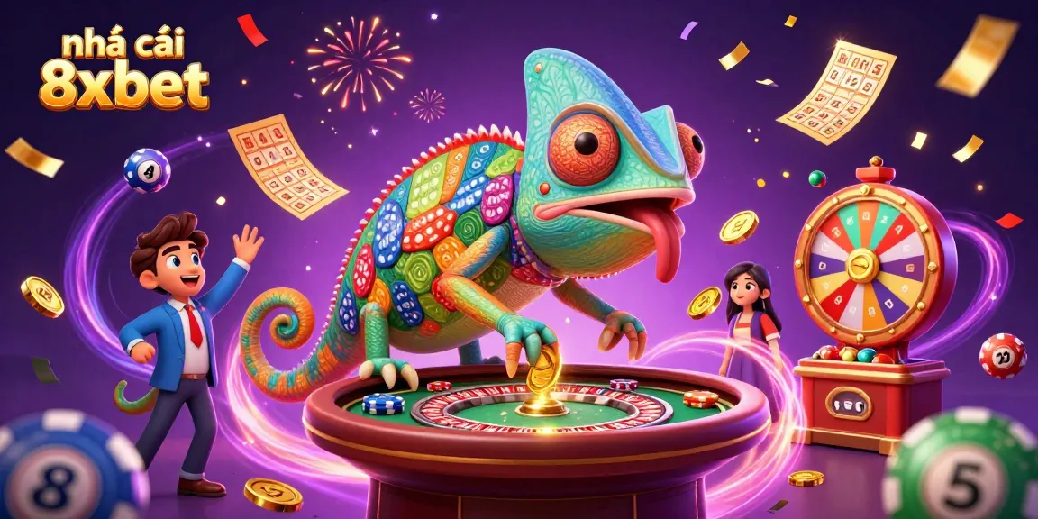 Engage with nhà cái 8xbet in a vibrant casino scene featuring a dynamic chameleon owner and festive elements.