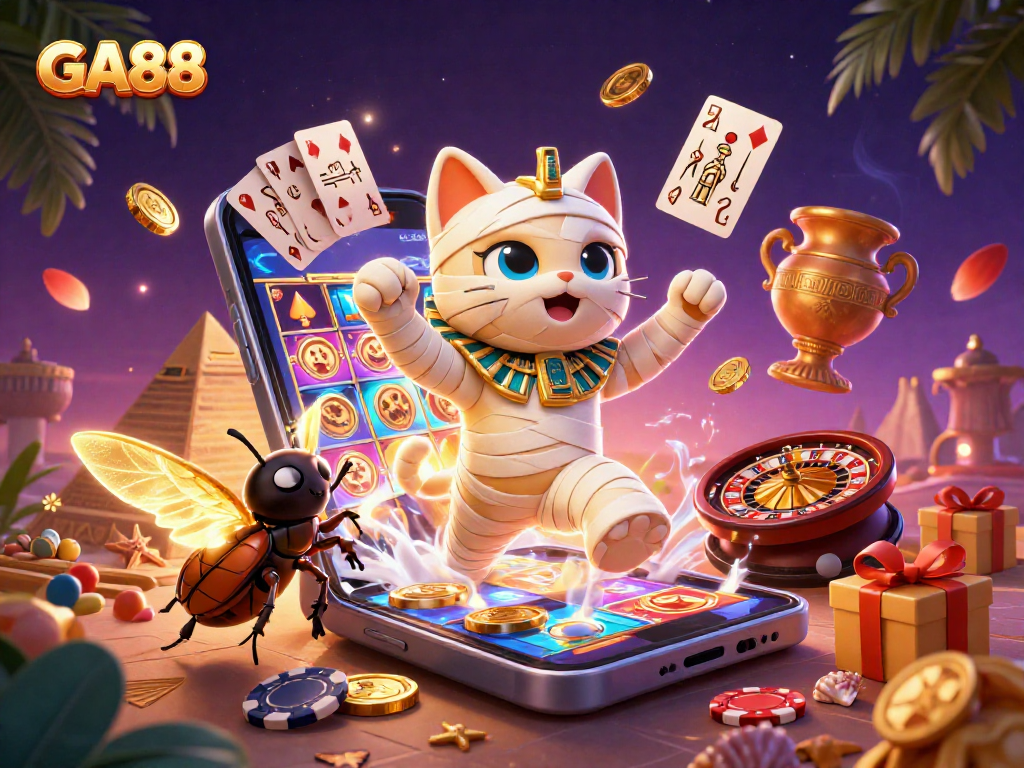 GA88 brings the excitement of casino gaming with a 3D Egyptian mummy cat in a vibrant scene.
