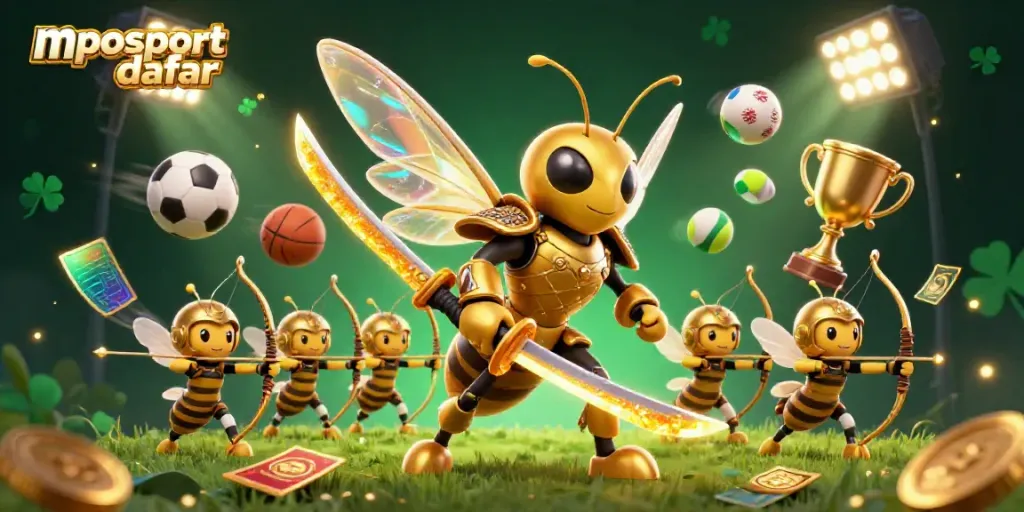 Bet on fun with mposport daftar, featuring a dynamic sports-themed illustration with golden hornet samurai and vibrant game elements.