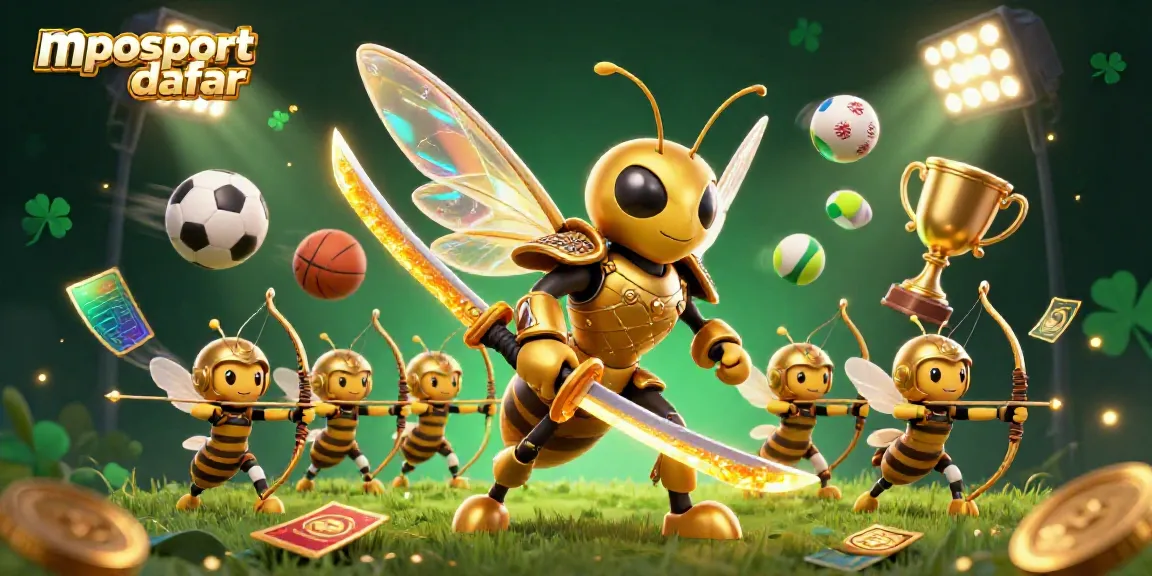 Bet on fun with mposport daftar, featuring a dynamic sports-themed illustration with golden hornet samurai and vibrant game elements.