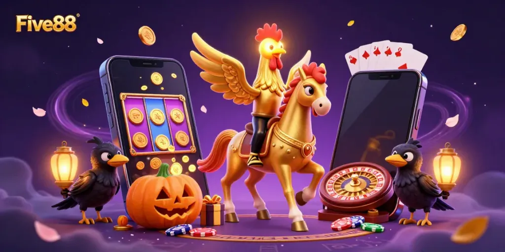 Experience Five88's vibrant casino world with a golden rooster and spooky companions amidst rich slot game elements.
